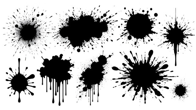 Ink splashes. Black inked splatter dirt stain splattered spray splash. Spray paint vector elements isolated on White Background. Drips black ink splatters, Ink blots set.
