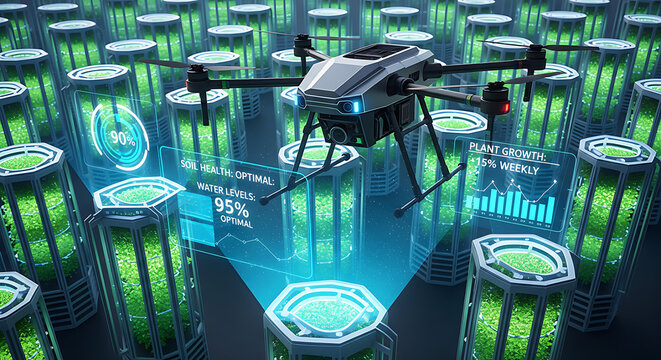 Drone technology for precision agriculture and crop monitoring with data visualization. - Powered by Adobe