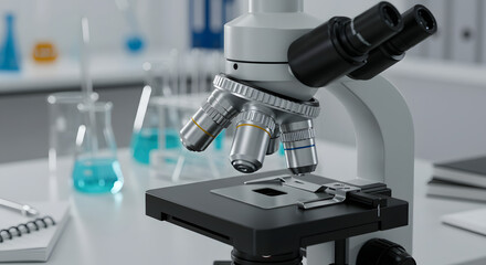 Science in Focus: A modern, gleaming microscope sits center stage, with other scientific equipment set, emphasizing the importance of scientific research.