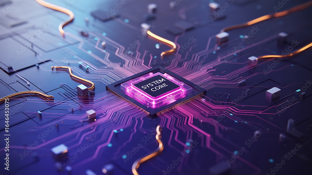 Poster close-up of a glowing pink and purple computer processor chip with circuitry technology