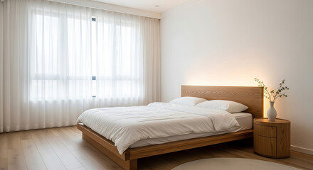 Sun-drenched minimalist bedroom with a warm backlit wooden bed, showcasing a serene blend of modern comfort and natural design.