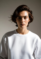 Fototapeta premium Woman in a white sweatshirt, serious expression. 