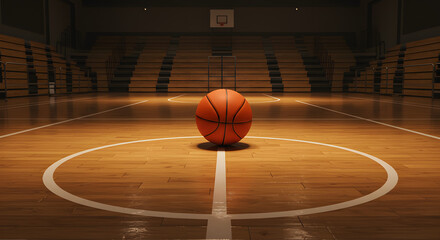 Basketball Arena: A lone basketball rests at center court of an empty arena, the hardwood floor reflecting a warm glow and overhead lights, evoking a sense of anticipation.