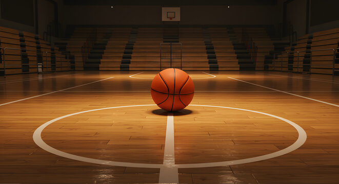 Basketball Arena: A lone basketball rests at center court of an empty arena, the hardwood floor reflecting a warm glow and overhead lights, evoking a sense of anticipation.