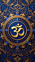 Intricate Golden Om Symbol on Royal Blue Background Featuring Detailed Floral and Geometric Patterns for Spiritual Practices Meditation and Artistic Designs