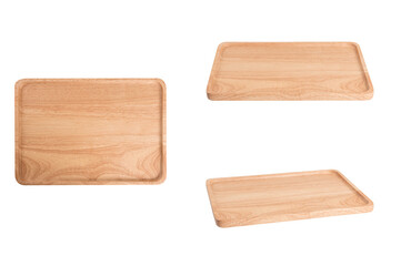 Set of wooden tray isolated on white background.