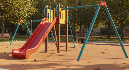 Fototapeta premium Empty Playground: A vibrant playground bathed in sunlight, featuring colorful swings, a slide, and other recreational equipment, set against a backdrop of lush greenery.