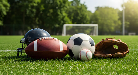 Diverse Sports Gear on a Lush Field: An assortment of sports equipment, including a football, soccer ball, baseball, baseball glove, and helmet, rests on a vibrant green field, ready for action.