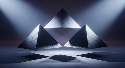 A 3D rendering featuring illuminated pyramids against a backdrop light design