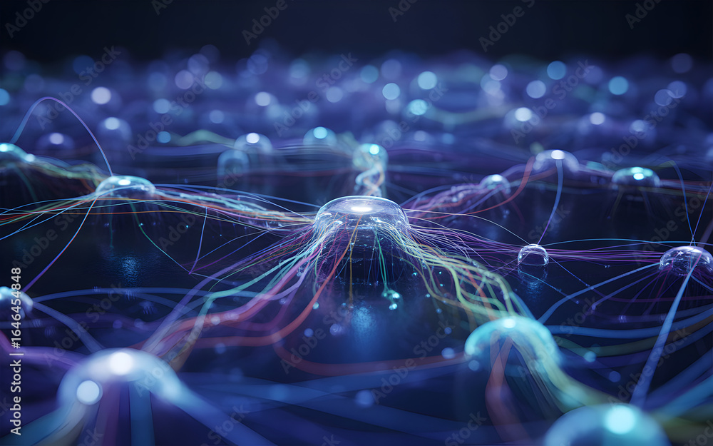 Poster abstract network of interconnected nodes with glowing lines in a blue and purple color scheme