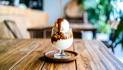 Creamy affogato dessert served in a glass cup with hot espresso poured over vanilla ice cream, perfect for coffee lovers, cafe menus, and gourmet dessert photography.