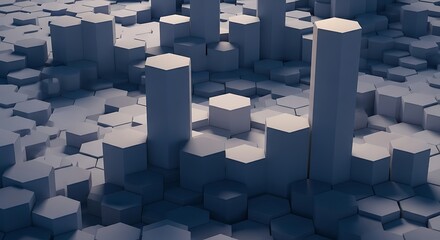 Abstract representation of hexagonal prisms casting long shadows creating geometric patterns