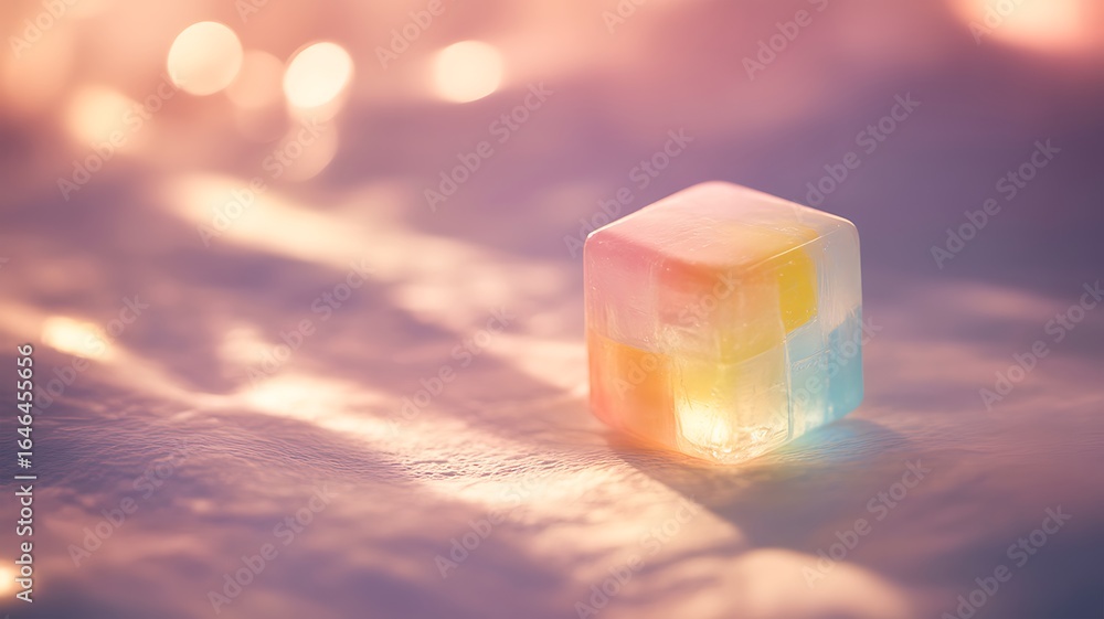 Poster rainbow glass cube with soft light and bokeh image photo