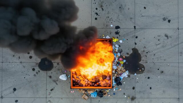 Aerial View of Burning Trash Container with Thick Smoke Plumes, Environmental Pollution and Waste