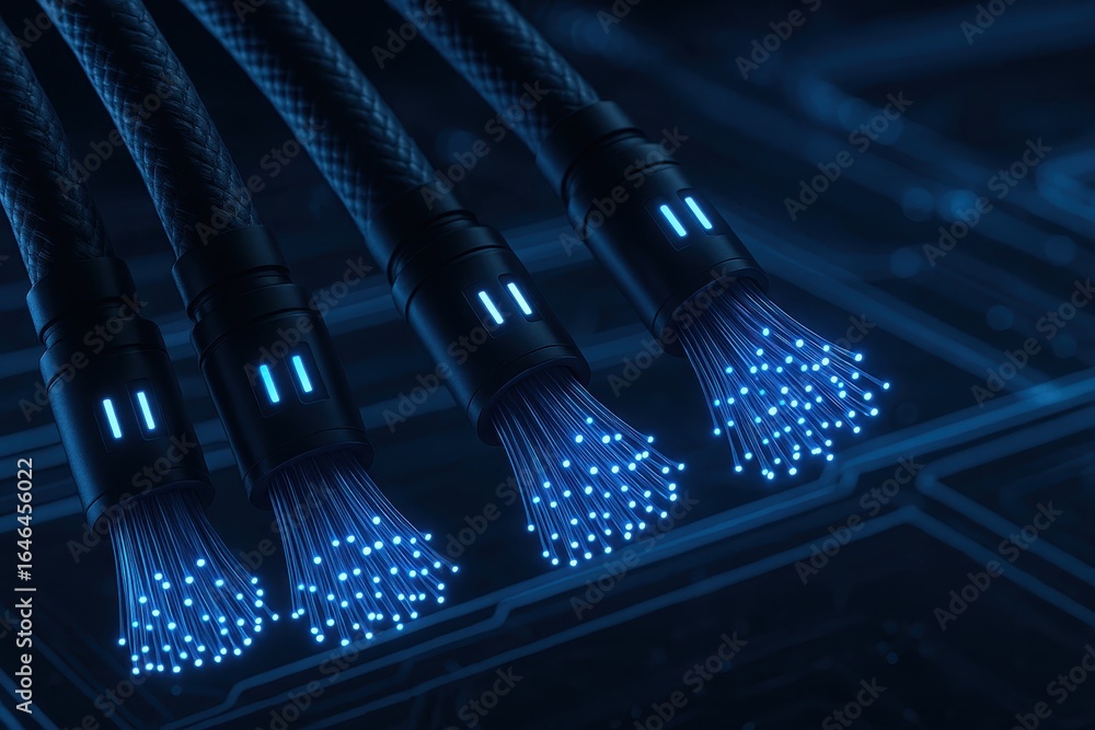 Poster advanced fiber optic network cables with led indicators showing high-speed data transmission