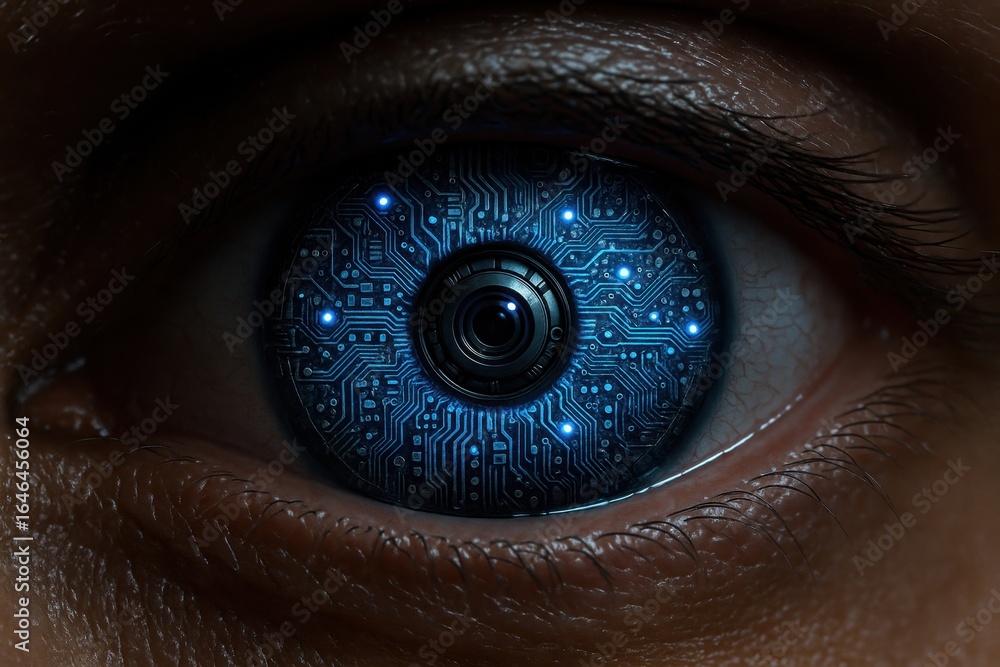 Poster advanced biometric security system featuring extreme close-up of artificial eye with integrated circ
