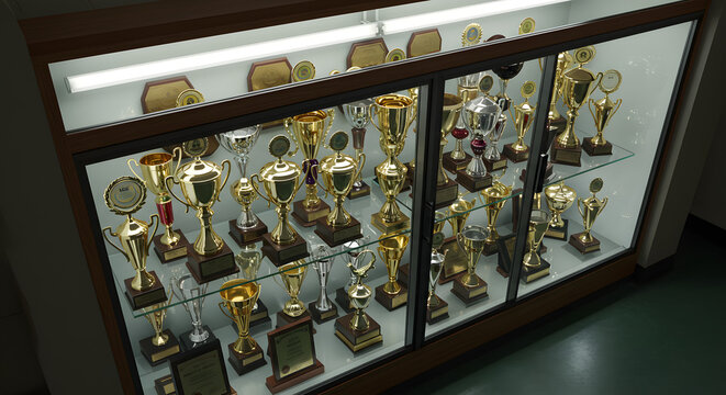 Trophy Showcase: An impressive collection of trophies and awards glistens within a glass display cabinet, signifying accomplishments and victories in various fields.