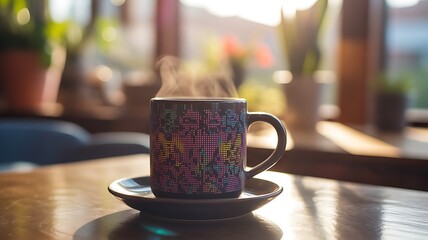 Steaming Coffee Mug with Colorful Pattern on Saucer by Window at Sunrise drink