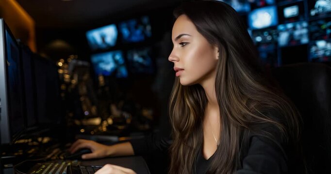 Female Entertainment Exec Reviews Content in Media Screening Room, Controlled Lighting, Focused Shot, 4K