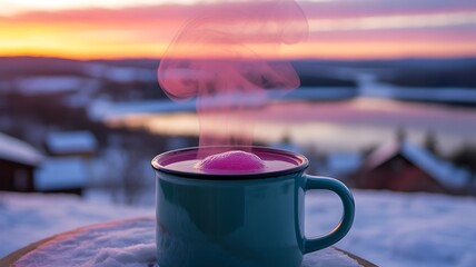 Teal mug with pink drink and steam against a vibrant winter sunset sky image photo