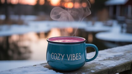 Teal mug with steam reading Cozy Vibes on a snowy wooden railing image photo