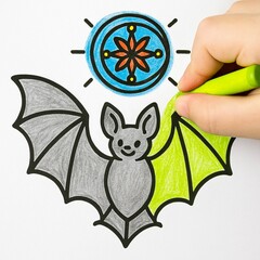 Halloween bat coloring activity for kids, child drawing cute cartoon bat with bright crayons, educational fun art for preschoolers, creative Halloween illustration for children learning