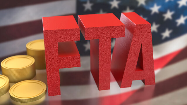The FTA and coins on America flag for Business concept 3d Rendering.