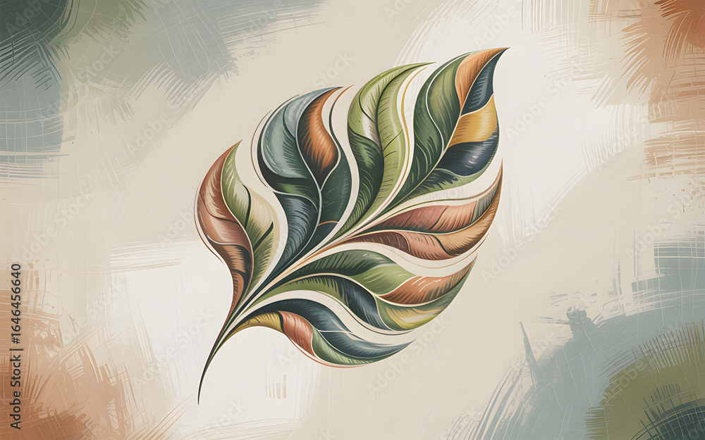 Poster artistic rendering of a single stylized leaf with multiple colors on a textured background design el