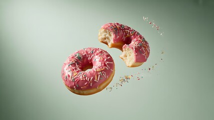 Two pink frosted donuts with colorful sprinkles, one broken, floating mid-air doughnut frosting