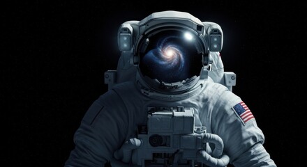 Astronaut in Space Suit with Galaxy Reflection on Helmet Visor in Deep Space