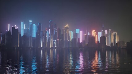 Vibrant neon city skyline reflected in water at night with colorful lights urban cityscape