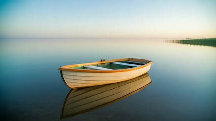 White Rowboat Drifts on Serene Water at Sunrise or Sunset with Reflection calm
