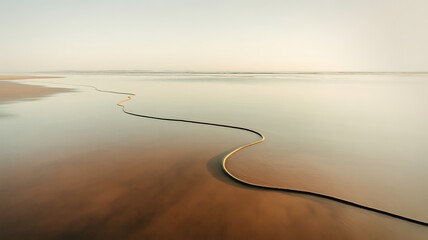 Winding Water Line on Wet Sandy Beach at Sunrise image photo