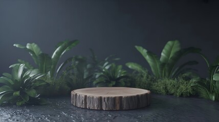 Wooden log slice podium surrounded by lush green plants and moss display platform