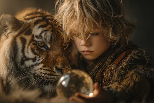 ENFANT ET TIGRE, SPH&Egrave;RE DE CRISTAL LUMINEUSE