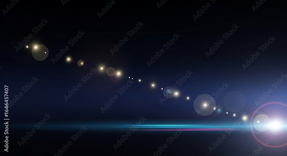 Poster dynamic light streaks and bokeh effects overlay against a dark blue gradient background
