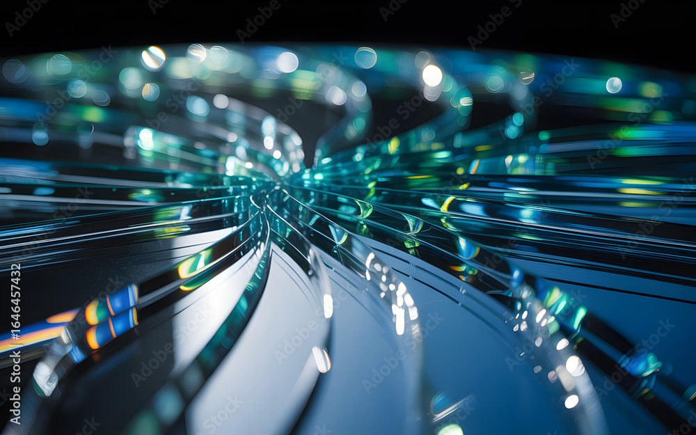 Poster abstract blue and green light streaks converging towards a central point with bokeh effect backgroun