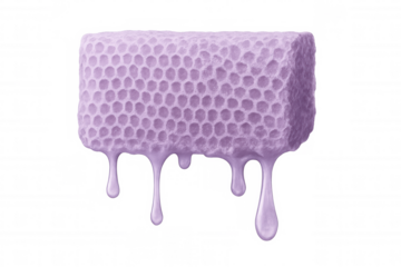 Purple honeycomb melting with drops dripping down, isolated on transparent background, ideal for creative projects