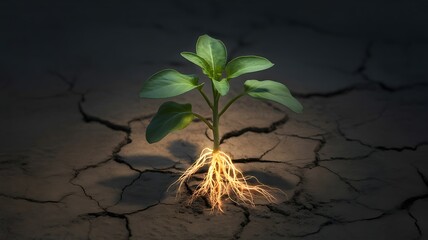 Young Plant with Visible Roots Growing in Cracked Dry Earth seedling sprout