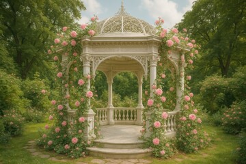 Elegant Victorian-style garden pavilion with ornate white pillars and decorative latticework surrounded by climbing roses