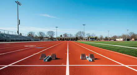 Obraz premium Track and Field: A striking perspective captures the raw energy of competition with vibrant red track, blue sky and starting blocks ready for a sprint.