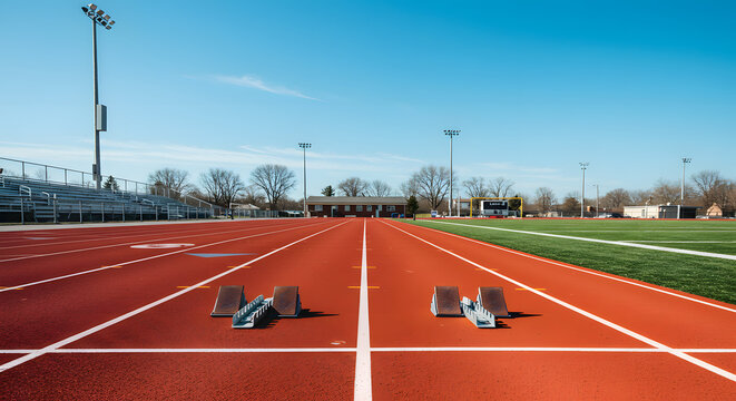 Track and Field: A striking perspective captures the raw energy of competition with vibrant red track, blue sky and starting blocks ready for a sprint.