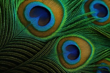 Obraz premium Exquisite peacock feather texture displaying iridescent colors and intricate natural patterns perfect for luxury design and artistic applications