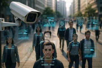 Advanced surveillance system monitoring urban crowd with facial recognition technology interface