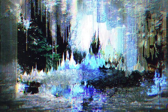 Glitch-art forest scene, icy structures