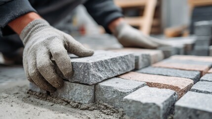 Close-up of worker laying paving stones.