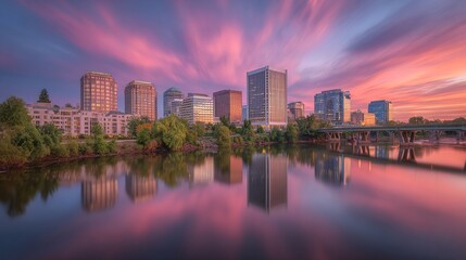 Fototapeta premium COUCHER DE SOLEIL ROSE SUR LA VILLE ET REFLETS DANS LA RIVIÈRE