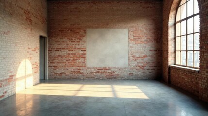 Empty industrial loft space with brick walls, large window, and blank wall panel