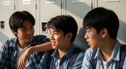 Group of three cheerful teenage boys in school uniforms having friendly conversation near lockers in hallway, expressing friendship, support, and youthful connection
