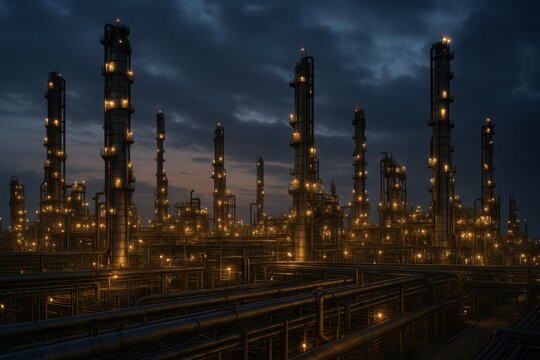 Industrial energy facility with illuminated infrastructure and advanced petroleum processing systems during nighttime operations